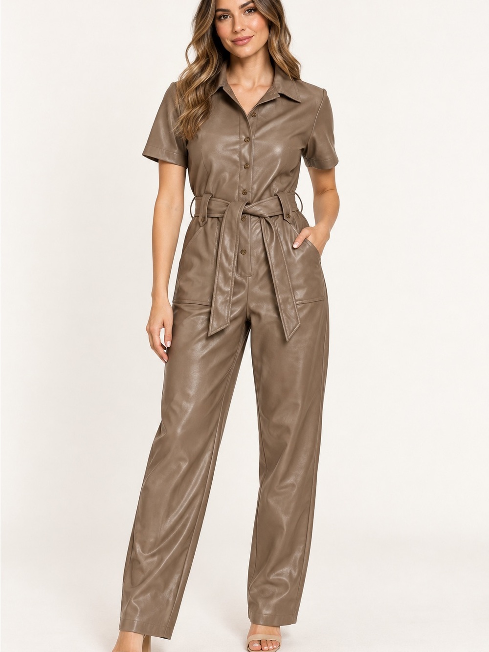 7 For All Mankind Taupe Faux-Leather Short-Sleeve Jumpsuit with Waist Tie